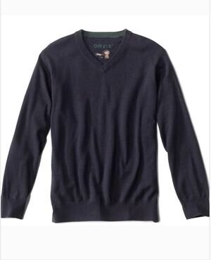 Orvis Dark Navy Blue V-Neck 100% Wool Sweater Men's Medium